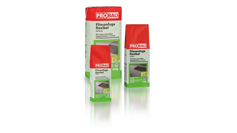 Fliesenfuge flexibel, im Sack verpackt, stehend, drei verschiedene Verpackungsgrößen